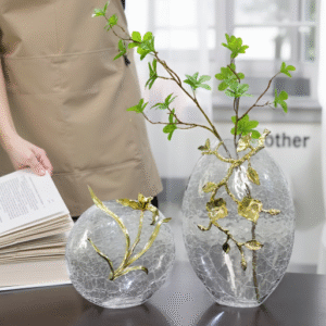 Crackle Glass Vase with Golden Metal Accents